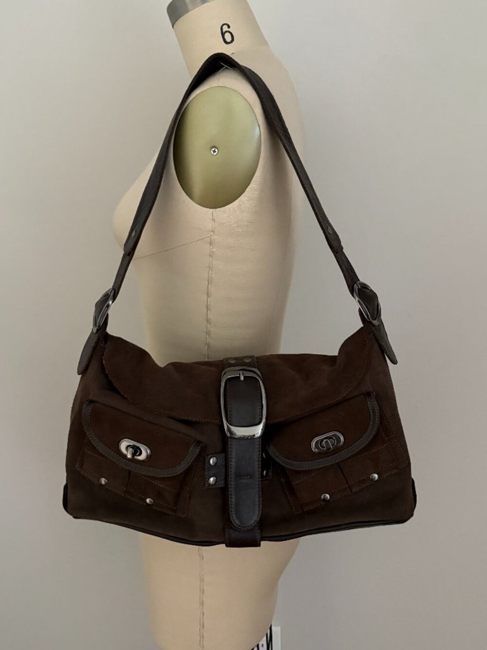 Carla Mancini Brown Suede Leather Shoulder Bag Pocket Buckle Western Grunge Chic